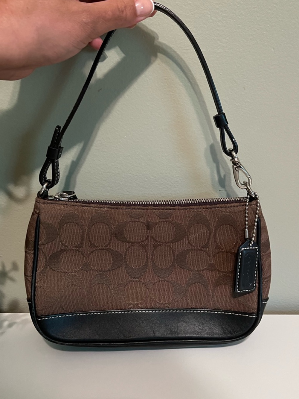 Coach Brown Signature Canvas Mini Shoulder Demi Bag with Black Trim